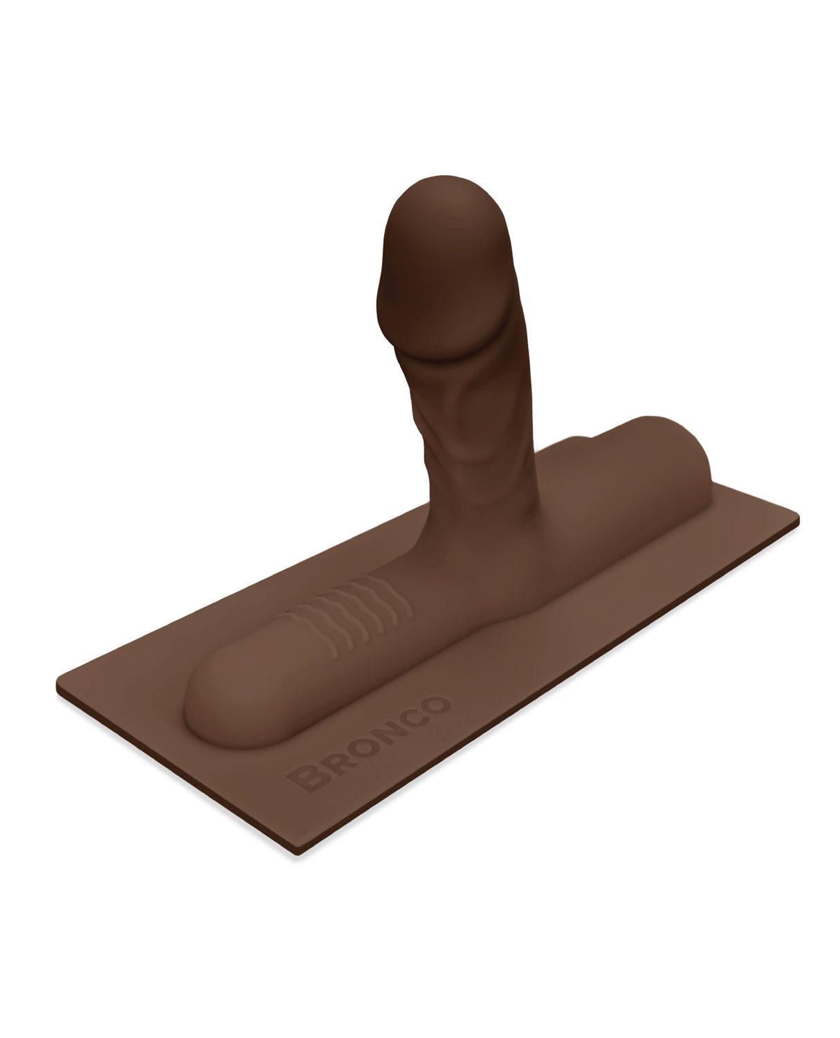 The Cowgirl Bronco Silicone Attachment Chocolate on a flat base, showcasing its realistic design and lifelike detail.