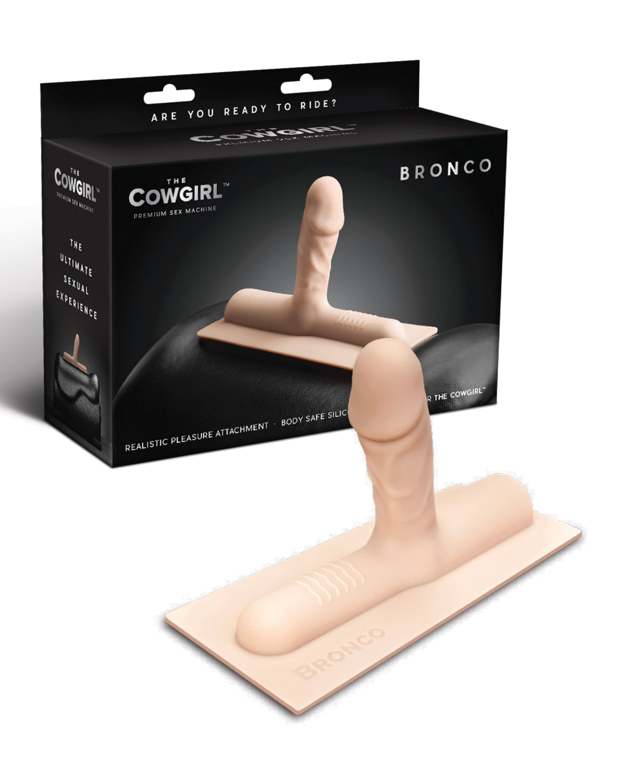 The Cowgirl Bronco Silicone Attachment Vanilla on display with packaging, showcasing its realistic design and features.
