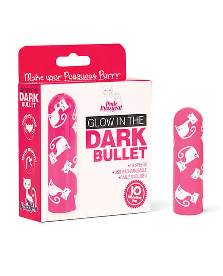 Pink Pussycat Glow in the Dark Bullet Vibrator packaging with a compact bullet vibrator design.