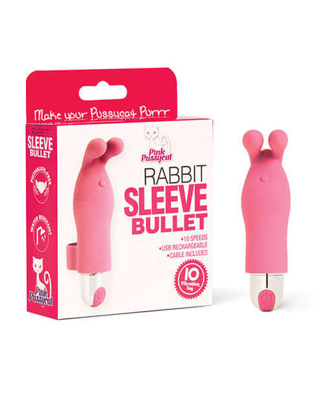 Pink Pussycat Rabbit Sleeve Bullet Vibrator in pink packaging with a small vibrator and bunny ears design.