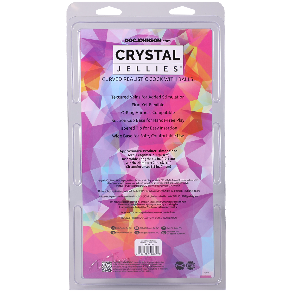 Crystal Jellies Curved Realistic Cock With Balls 8 Inch Clear packaging highlighting features and dimensions.