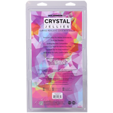 Crystal Jellies Curved Realistic Cock With Balls 8 Inch Clear packaging highlighting features and dimensions.