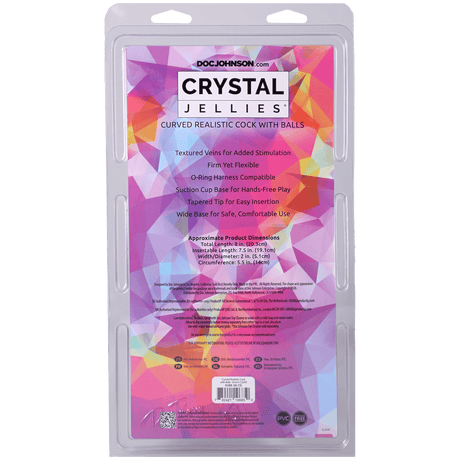 Crystal Jellies Curved Realistic Cock With Balls 8 Inch Clear packaging highlighting features and dimensions.