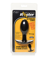 Rooster Rumbler Vibrating Silicone Anal Plug Large Black packaging featuring design and details for anal play.