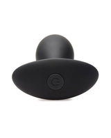 Rooster Rumbler Vibrating Silicone Anal Plug Large Black from a top view, showcasing its firm body and power button.