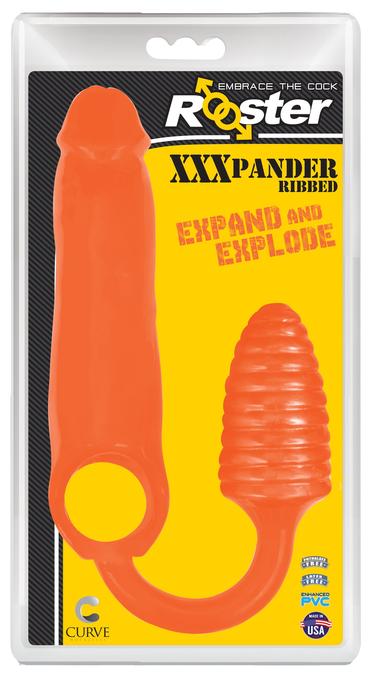 Rooster XXXPander Sheath with Ribbed Plug Orange packaging displaying the versatile penis sheath and ribbed plug.