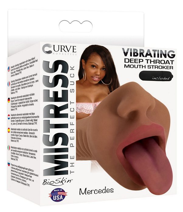 Mistress Mercedes Vibrating Mouth Stroker Chocolate packaging featuring lifelike design and detailed interior for intense pleasure.