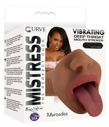 Mistress Mercedes Vibrating Mouth Stroker Chocolate packaging featuring lifelike design and detailed interior for intense pleasure.