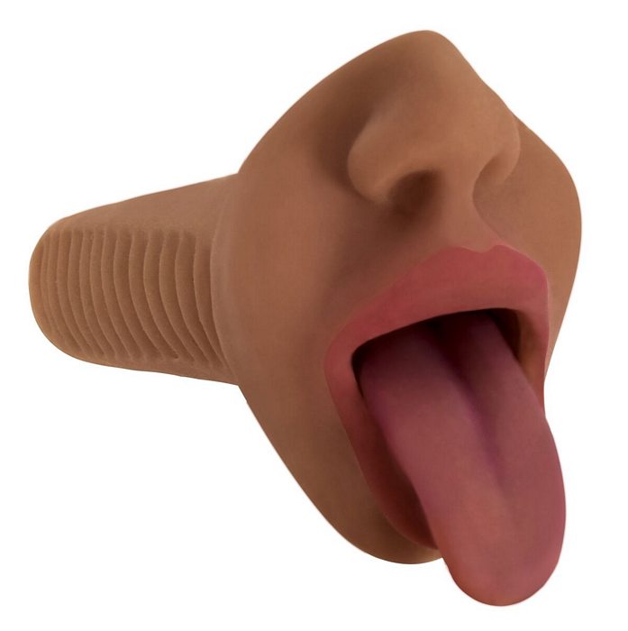 Mistress Mercedes Vibrating Mouth Stroker Chocolate with realistic lips and tongue design for lifelike pleasure.