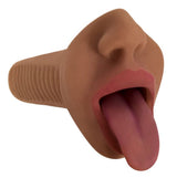 Mistress Mercedes Vibrating Mouth Stroker Chocolate with realistic lips and tongue design for lifelike pleasure.