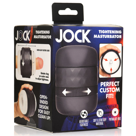 Jock Tightening Masturbator Open Ended packaging showcasing adjustable tightness levels and soft, stretchy material.
