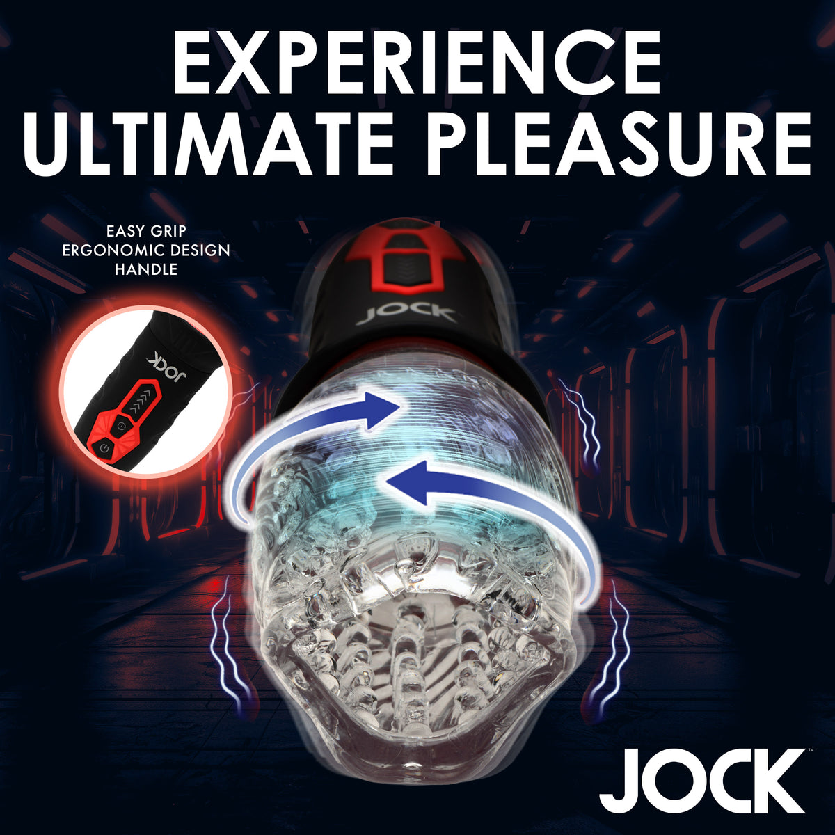 Jock Spinning and Vibrating Masturbator Black with easy grip handle for ultimate pleasure experience.