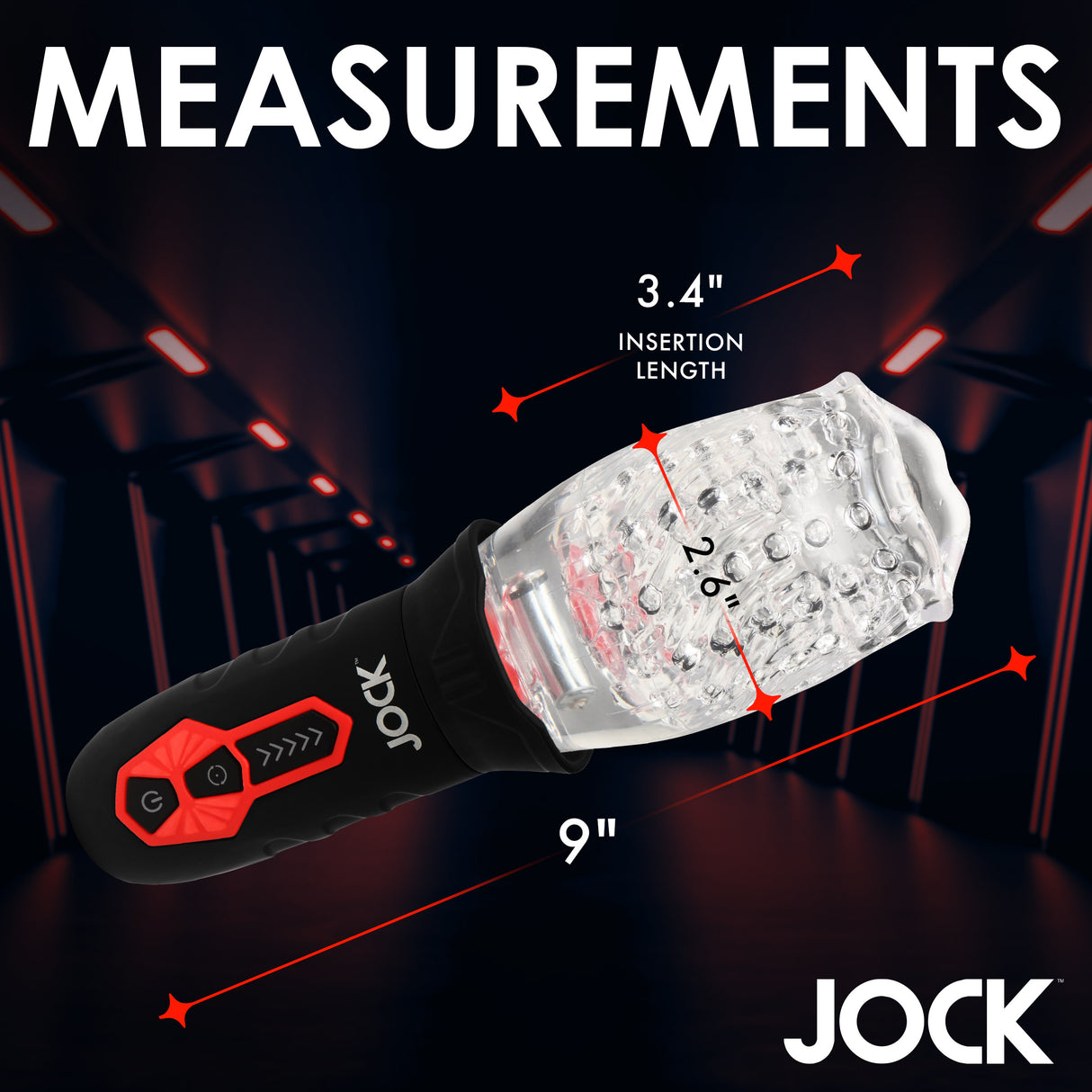 Measurements of the Jock Spinning and Vibrating Masturbator Black showing insertion length and dimensions.