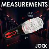 Measurements of the Jock Spinning and Vibrating Masturbator Black showing insertion length and dimensions.