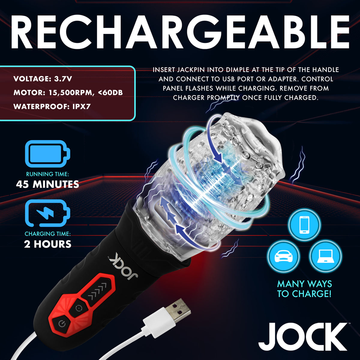Jock Spinning and Vibrating Masturbator Black with USB charging and control panel features.