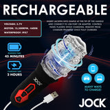 Jock Spinning and Vibrating Masturbator Black with USB charging and control panel features.