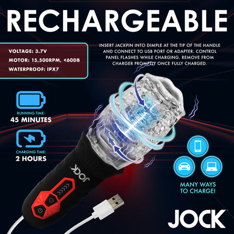 Jock Spinning and Vibrating Masturbator Black with USB charging and control panel features.