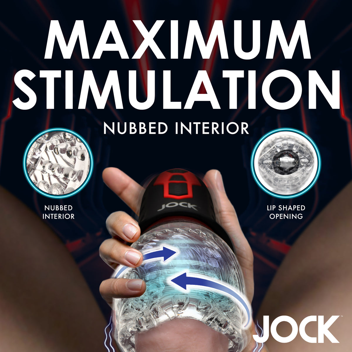 Jock Spinning and Vibrating Masturbator Black features maximum stimulation with a nubbed interior and lip-shaped opening.