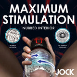 Jock Spinning and Vibrating Masturbator Black features maximum stimulation with a nubbed interior and lip-shaped opening.