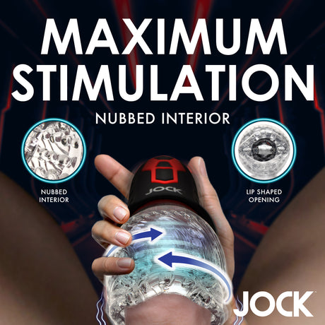 Jock Spinning and Vibrating Masturbator Black features maximum stimulation with a nubbed interior and lip-shaped opening.