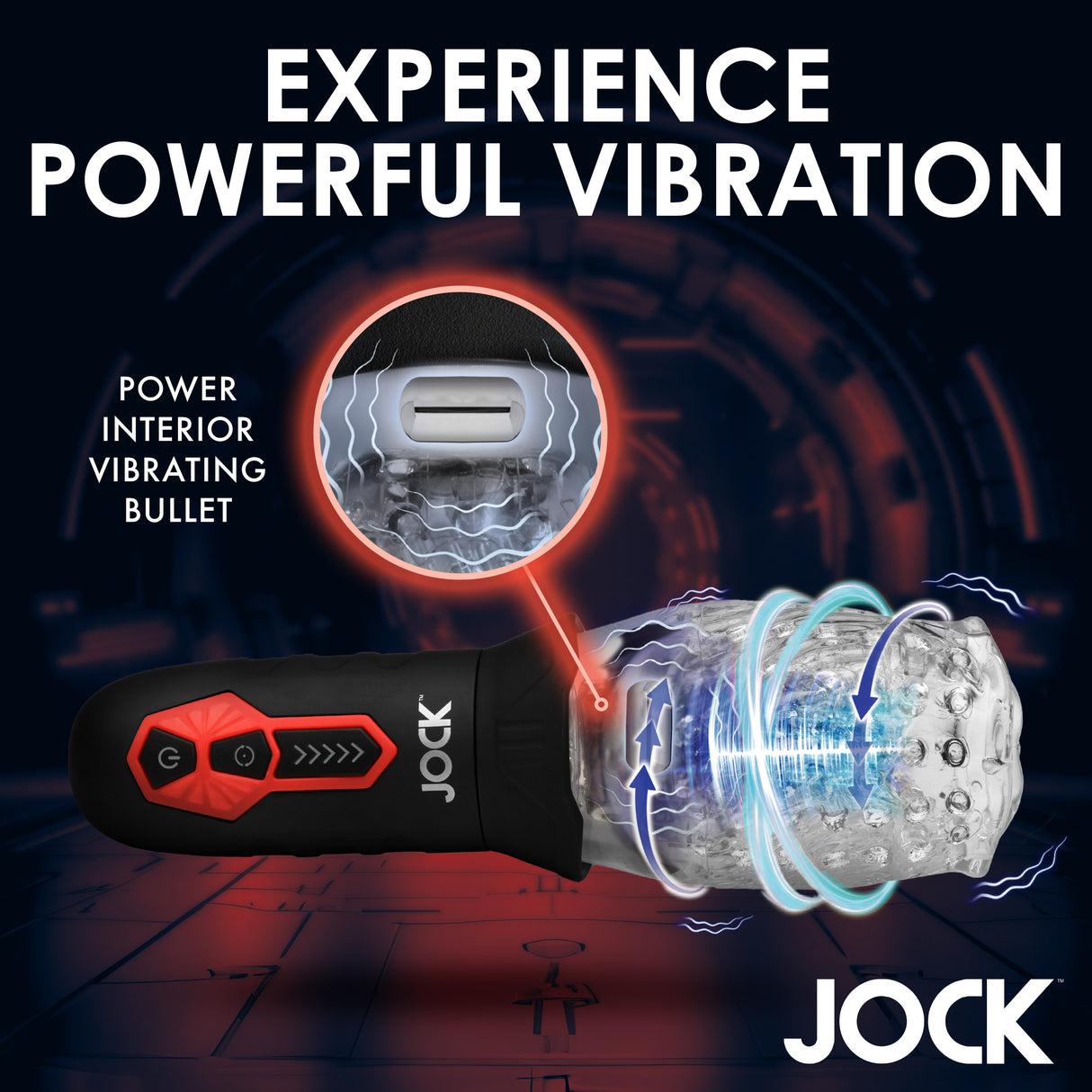 Jock Spinning and Vibrating Masturbator Black showcasing powerful vibration features and ergonomic design.