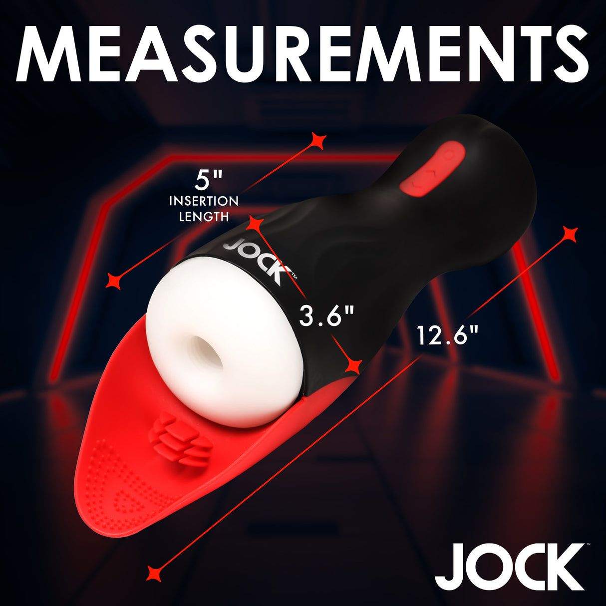 Jock Sucking and Vibrating Masturbator measurements showing 5'' insertion length, 3.6'' width, and 12.6'' total length.
