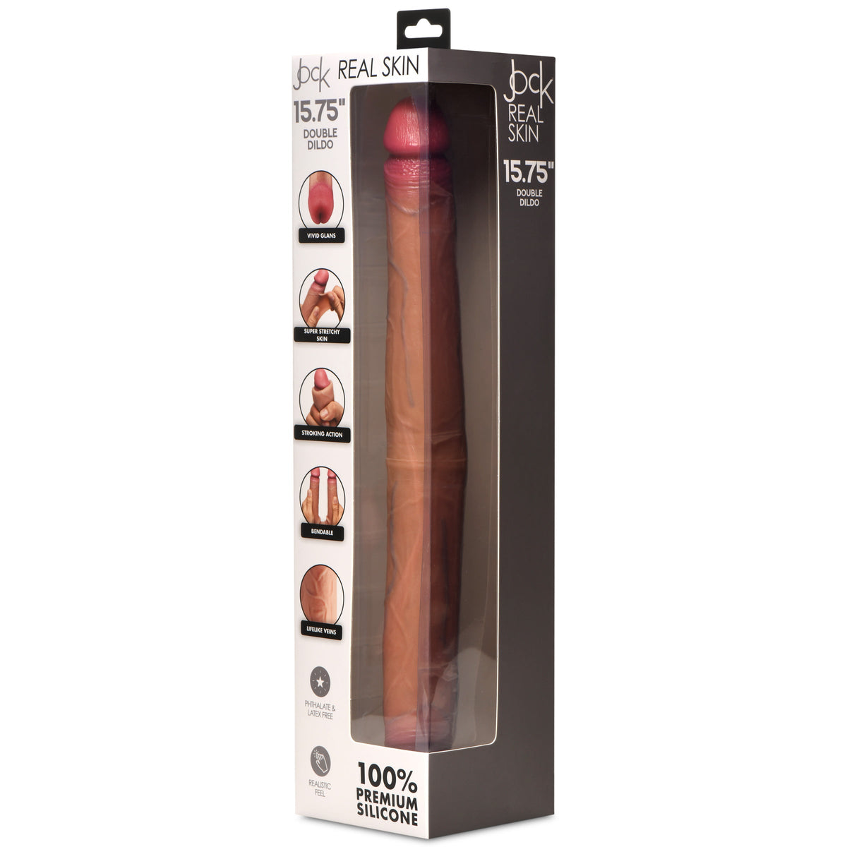 Jock 15.75 Inch Double Ended Dildo Silicone Medium in packaging, showcasing its dual ends and premium silicone material.