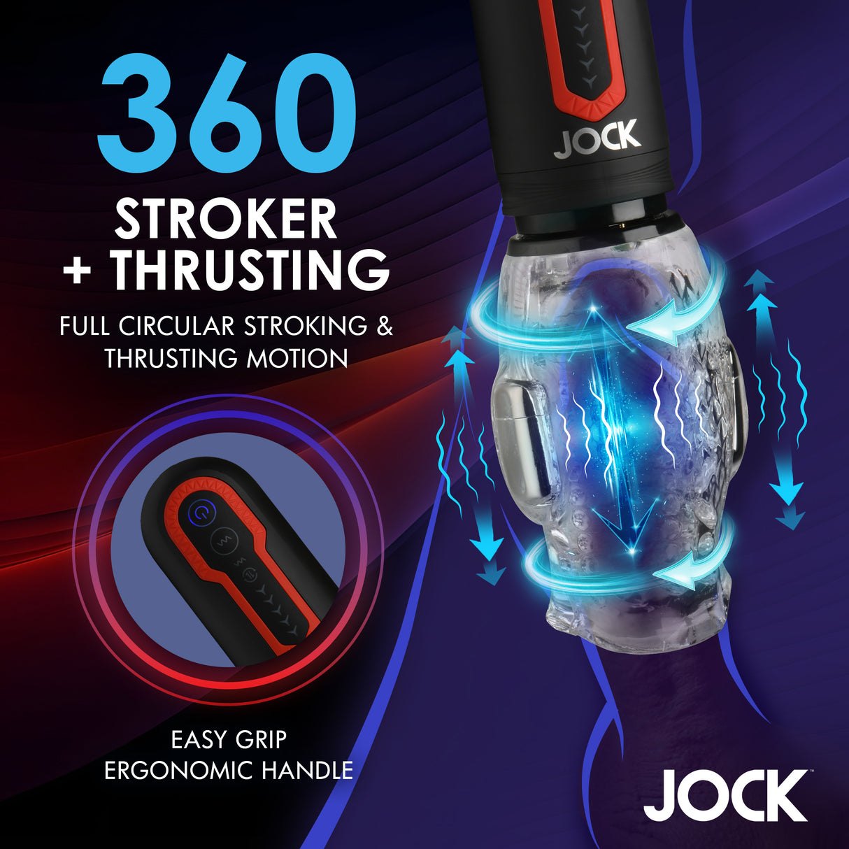 Jock Spinning & Thrusting Masturbator with 2 Bullets features 360 stroker, full circular motion, and ergonomic handle for easy grip.