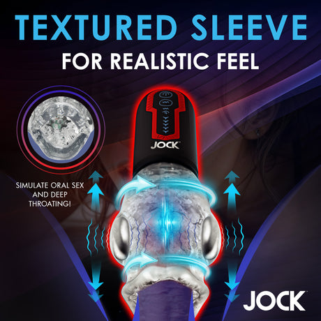 Jock Spinning & Thrusting Masturbator with 2 Bullets featuring a textured sleeve for realistic feel.