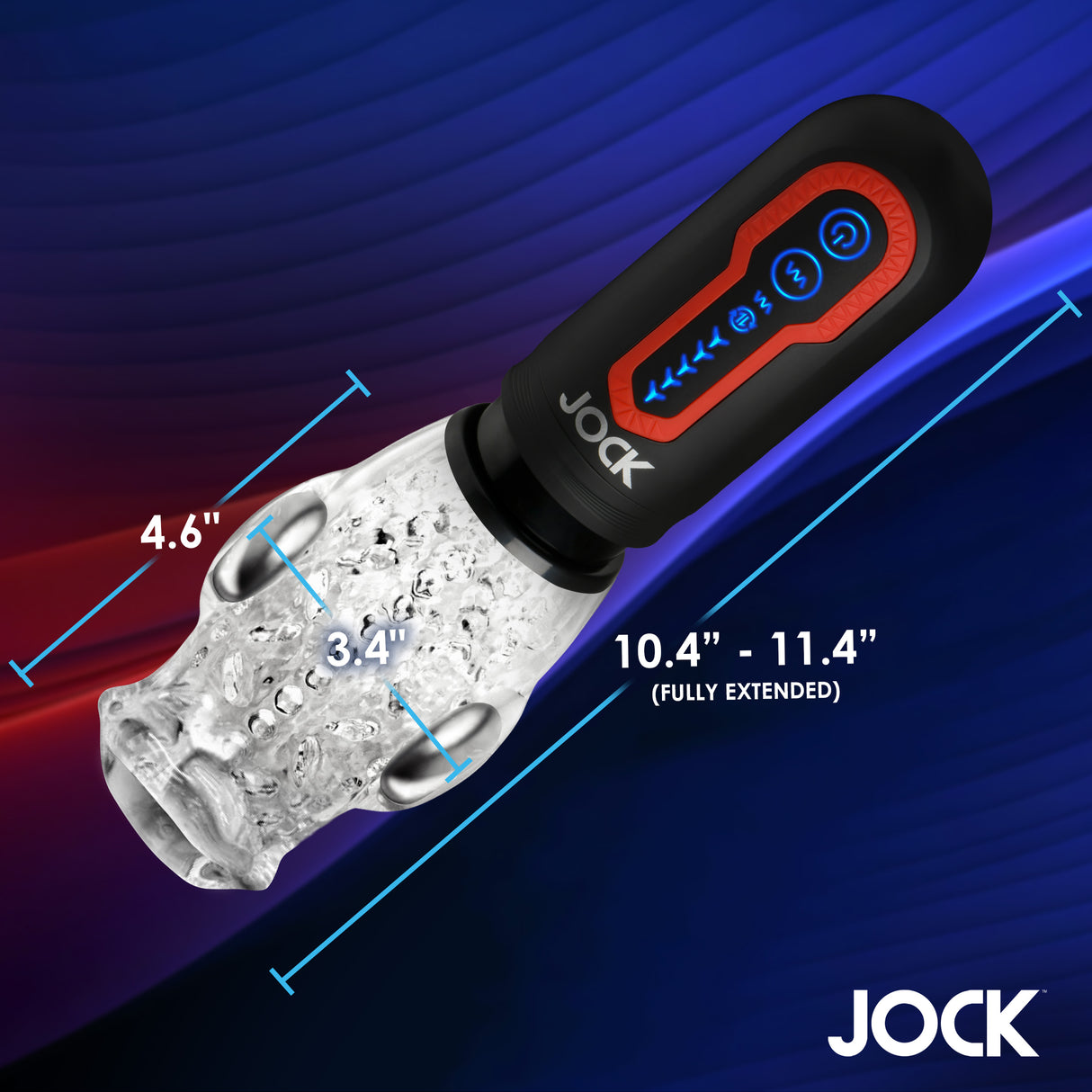 Jock Spinning & Thrusting Masturbator with 2 Bullets shown with dimensions and features on a vibrant background.