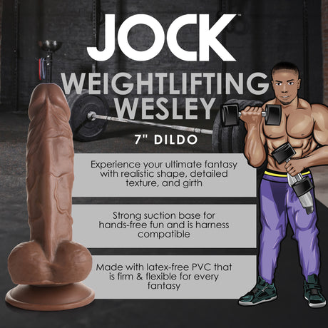 Jock Weightlifting Wesley 7 Inch Dildo showcasing realistic design and texture, made from body-safe PVC.
