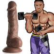 Jock Weightlifting Wesley 7 Inch Dildo next to a muscular man holding weights, emphasizing strength and lifelike design.