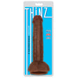 Thinz 8 Inch Slim Dildo with Balls Dark displayed on packaging against a vibrant blue background.