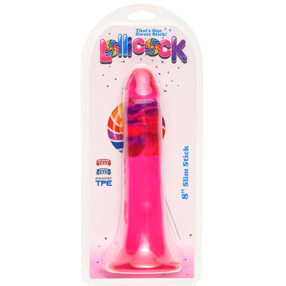 Lollicock 8 Inch Slim Stick Cherry Ice Dildo in packaging, featuring a slim, translucent design.