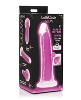 Curve Toys Lollicock 7 Inch Glow in the Dark Dildo Purple packaging displayed on a white background.