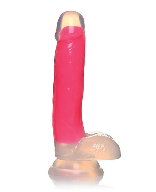 Lollicock 7 Inch Glow in the Dark Silicone Dildo Pink displayed on a white background with a glossy finish.