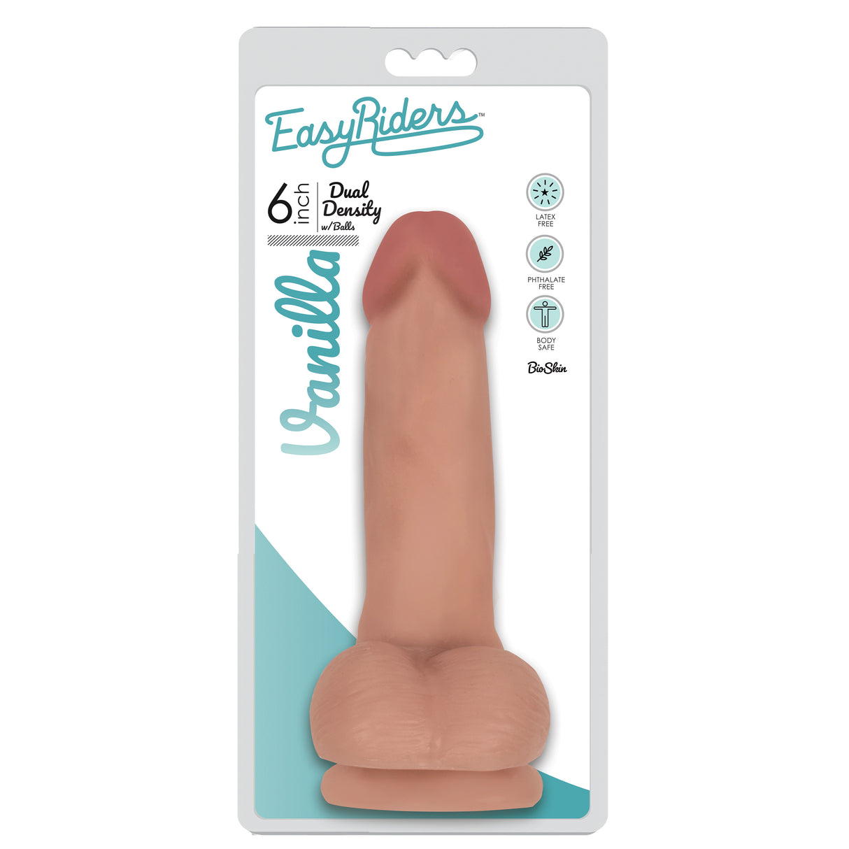 Easy Riders 6 Inch Dual Density Dildo With Balls Flesh displayed in packaging, showcasing its lifelike design and dual density.