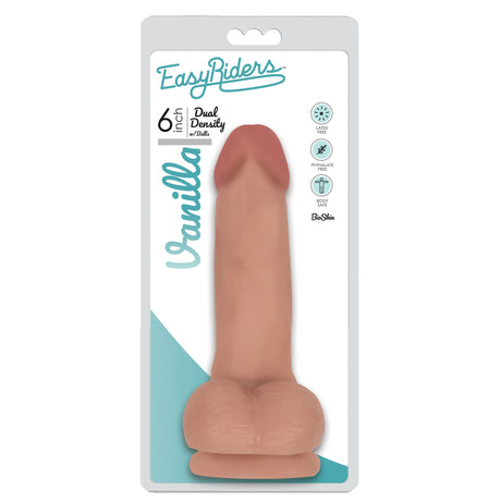 Easy Riders 6 Inch Dual Density Dildo With Balls Flesh displayed in packaging, showcasing its lifelike design and dual density.