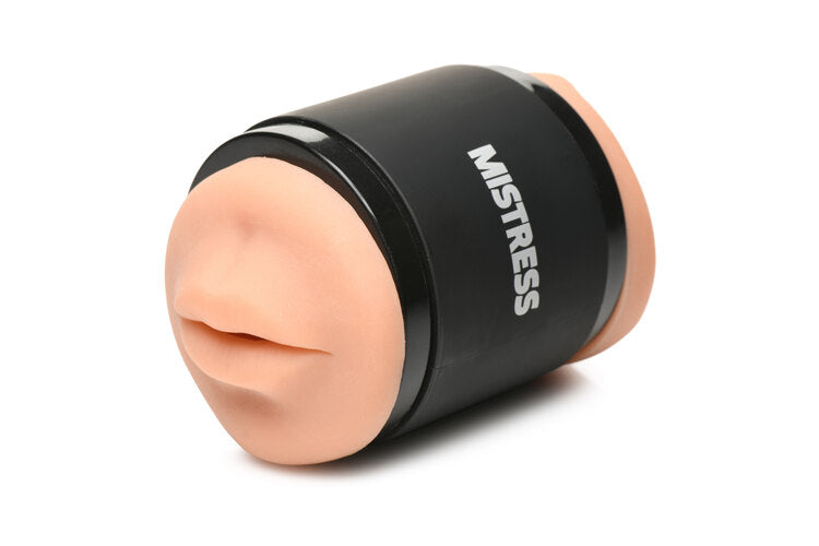 Mistress Double Shot Mouth and Pussy Stroker Medium showing lifelike mouth opening and compact design.