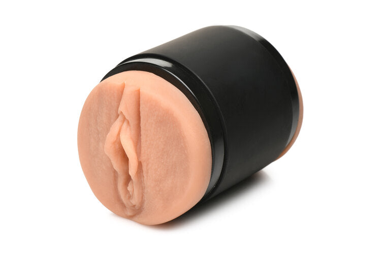 Mistress Double Shot Mouth and Pussy Stroker Medium showing a realistic vulva opening for pleasure.