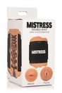 Mistress Double Shot Mouth and Pussy Stroker Medium mini-masturbator packaging displaying mouth and pussy openings.