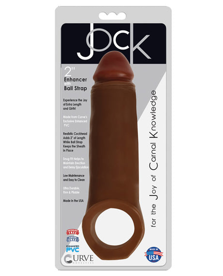 Jock 2 Inch Penis Enhancer with Ball Strap Brown packaging showcasing its realistic design and comfortable ball strap.
