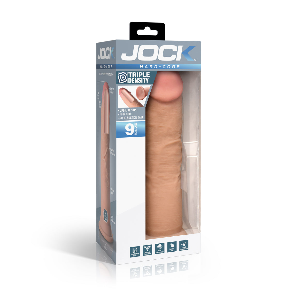 Hard-Core 9 Inch Triple Density Dildo Light in packaging showcasing realistic design and firm suction base.