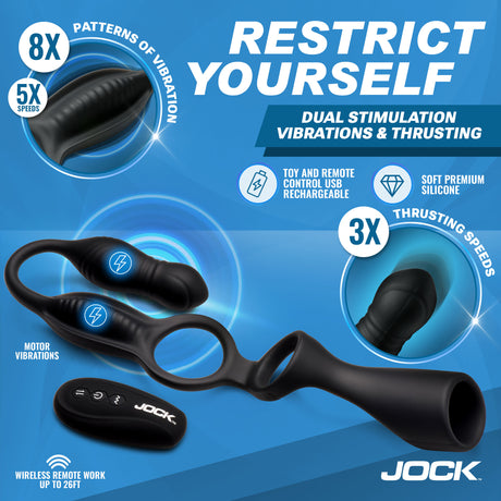 Jock Hype Max Thrusting Vibrating Anal Plug C-Ring showcasing dual stimulation with remote control and multiple vibration patterns.