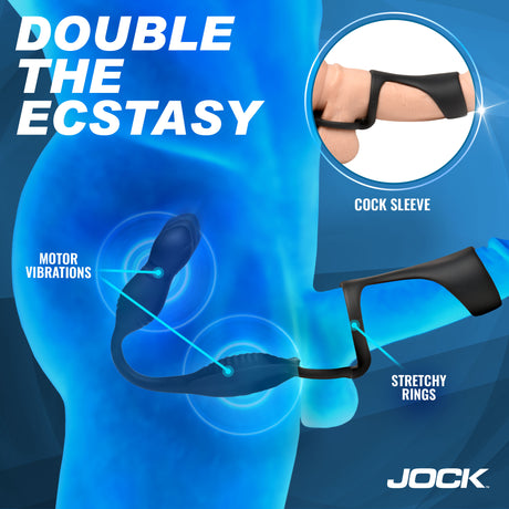 Jock Hype Max Thrusting Vibrating Anal Plug C-Ring showcasing motor vibrations and stretchy rings for enhanced pleasure.