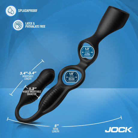 Jock Hype Max Thrusting Vibrating Anal Plug C-Ring dimensions showing insertable lengths and diameters