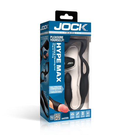 Jock Hype Max Thrusting Vibrating Anal Plug C-Ring packaging showcasing features and design for prostate stimulation.