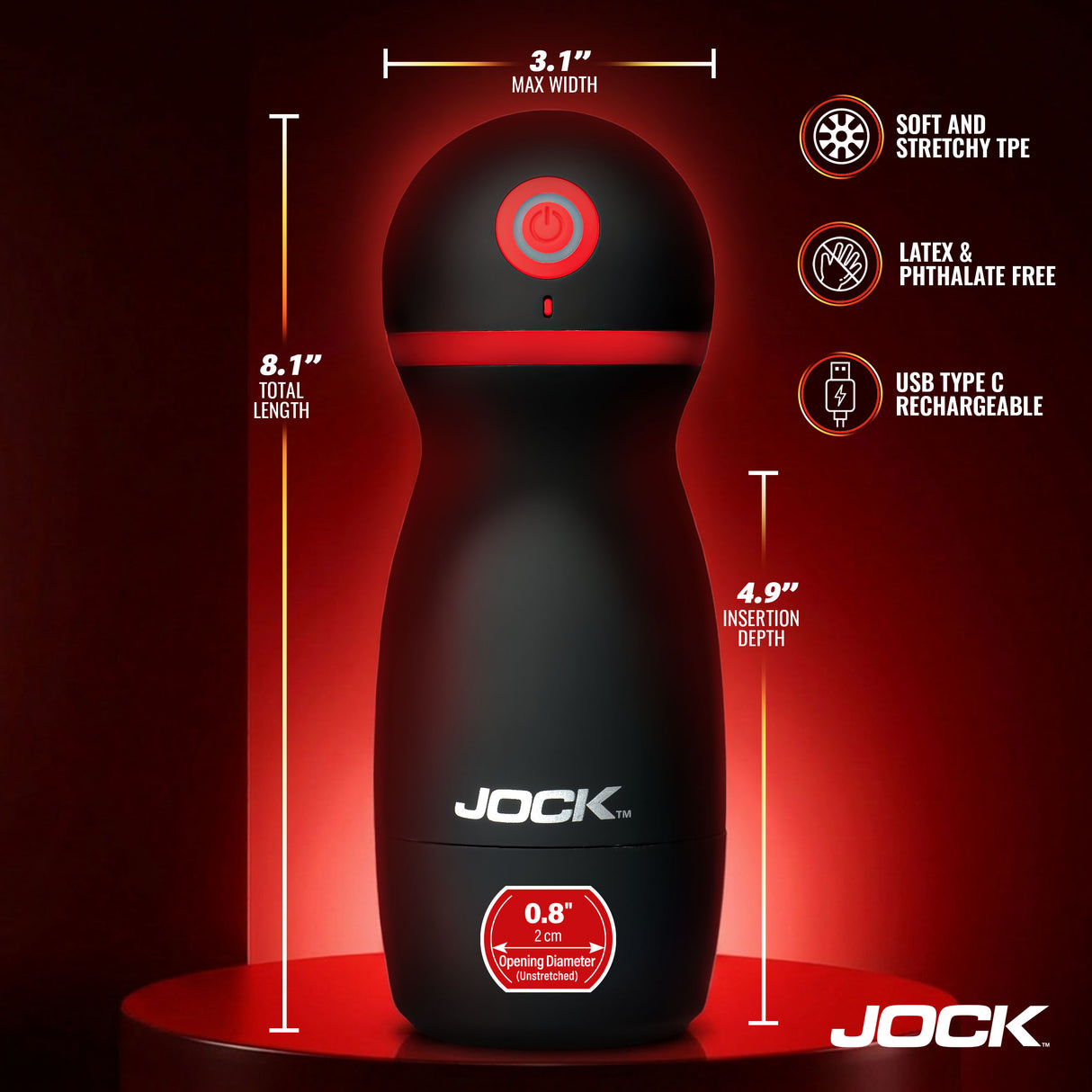 Jock Ultra Suck Sucking & Vibrating Masturbator with dimensions and features highlighted in a stylish design.