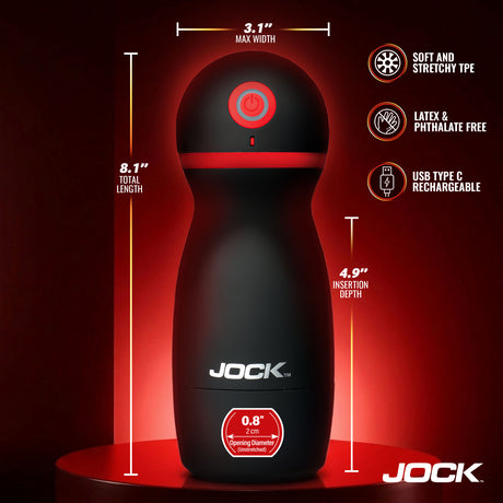 Jock Ultra Suck Sucking & Vibrating Masturbator with dimensions and features highlighted in a stylish design.
