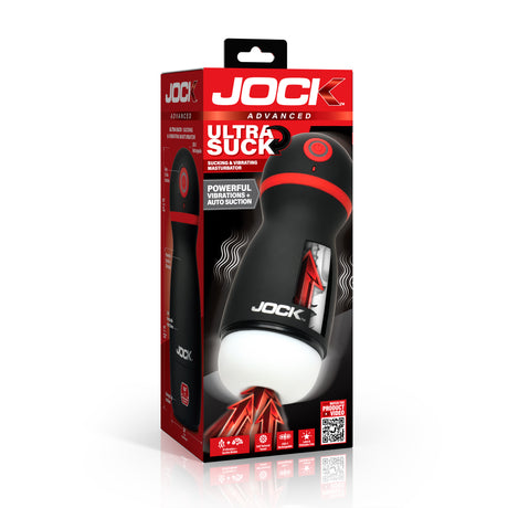 Jock Ultra Suck Sucking & Vibrating Masturbator packaging featuring powerful vibrations and auto suction